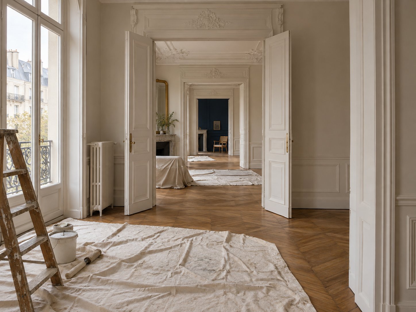 Enfilade de pièces d'un appartement haussmannien vidé, sols protégés par des bâches et escabeau prêt pour le chantier