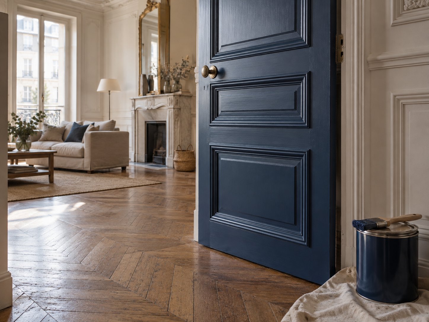 Porte à panneaux laquée bleu marine, avec un pot de peinture et un pinceau posés au pied