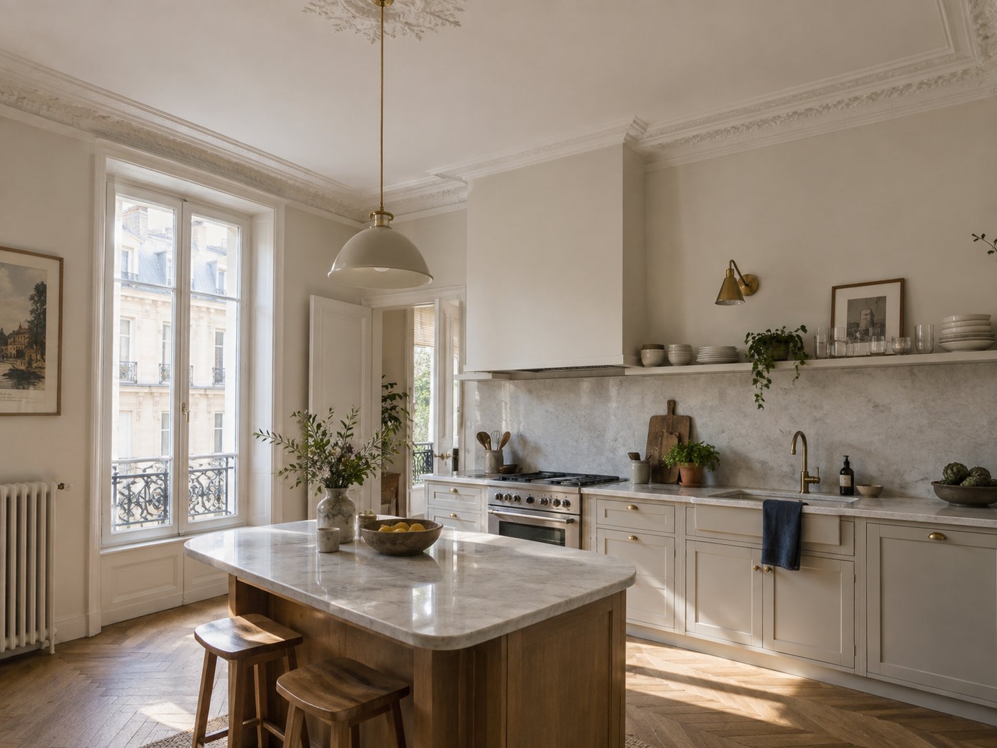 Cuisine lumineuse aux façades beige clair, avec îlot en marbre et suspension, dans un appartement haussmannien