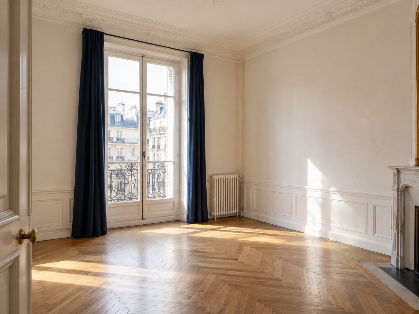 Pièce vide aux murs blancs fraîchement repeints, rideaux bleu marine et parquet en point de Hongrie
