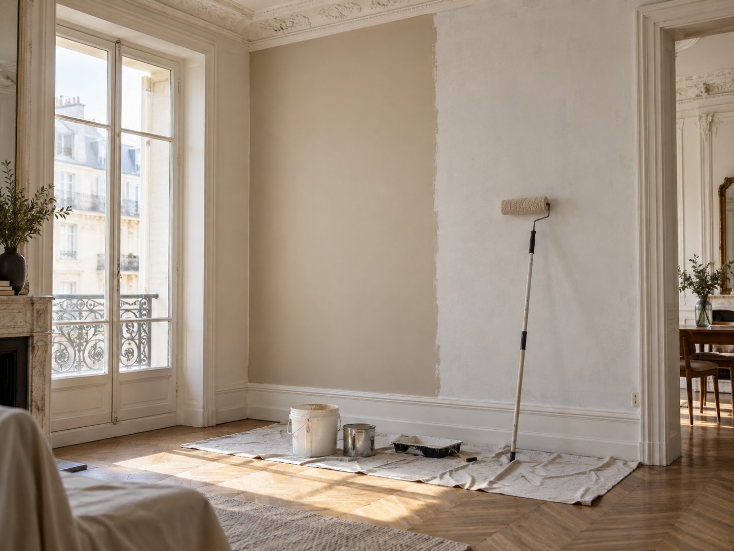 Mur en cours de peinture, à moitié beige et à moitié blanc, avec un rouleau et des pots posés sur une bâche