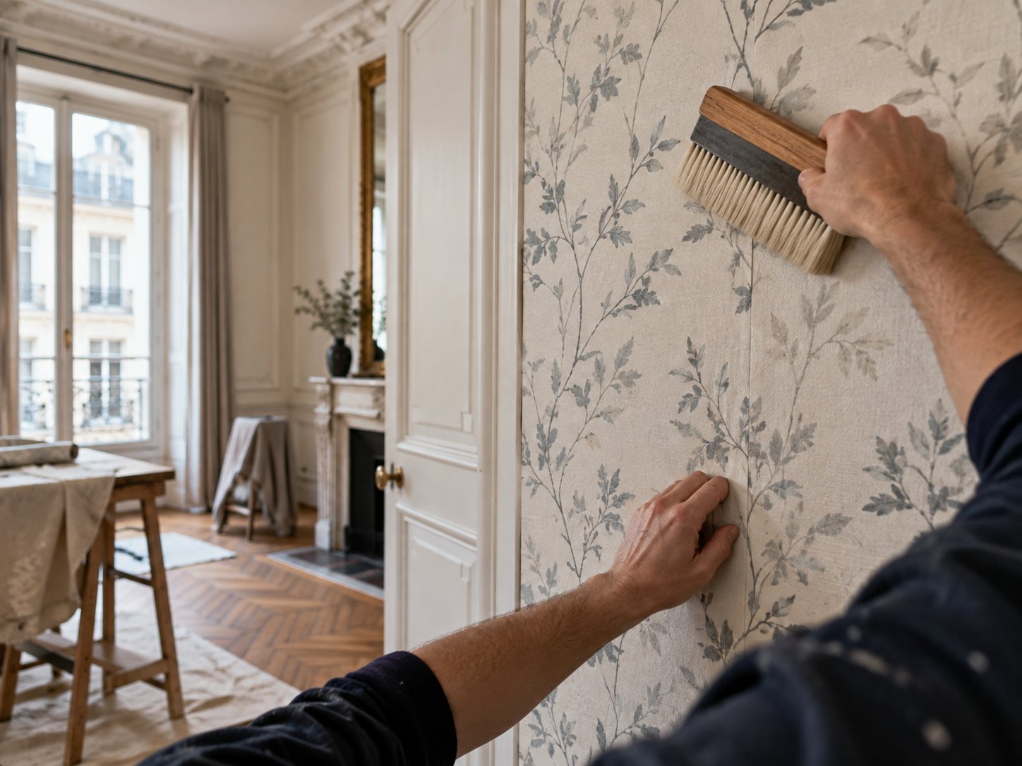 Pose d'un papier peint à motif de feuillage, lissé à la brosse