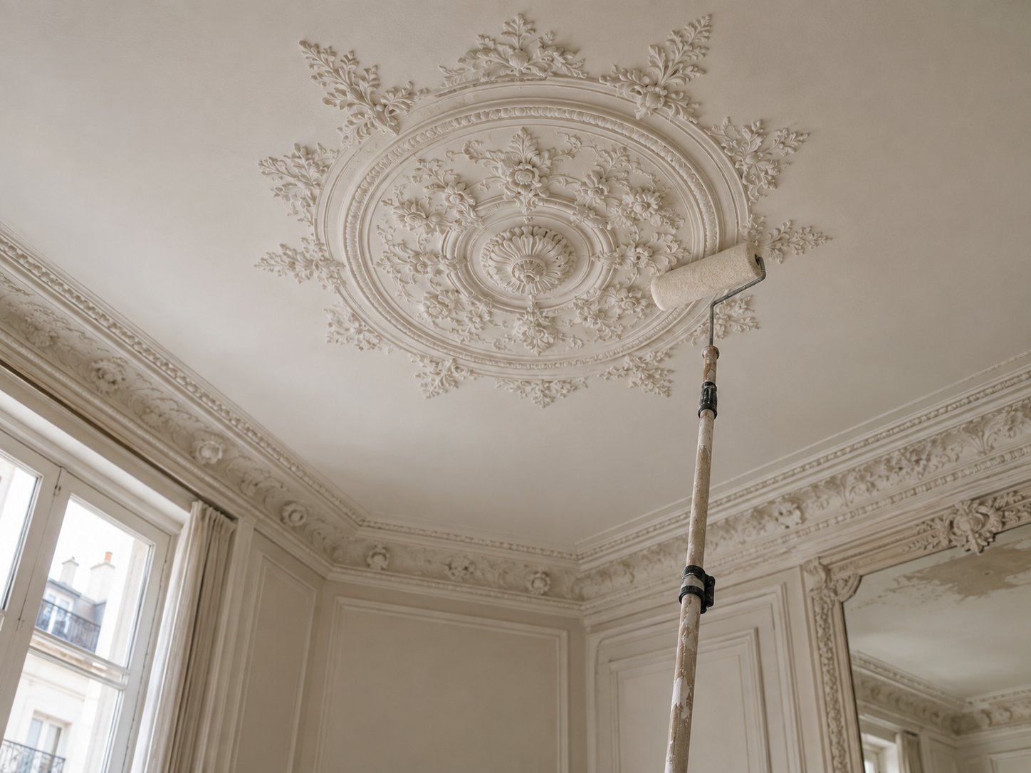 Plafond mouluré orné d'une rosace, repeint au rouleau monté sur perche