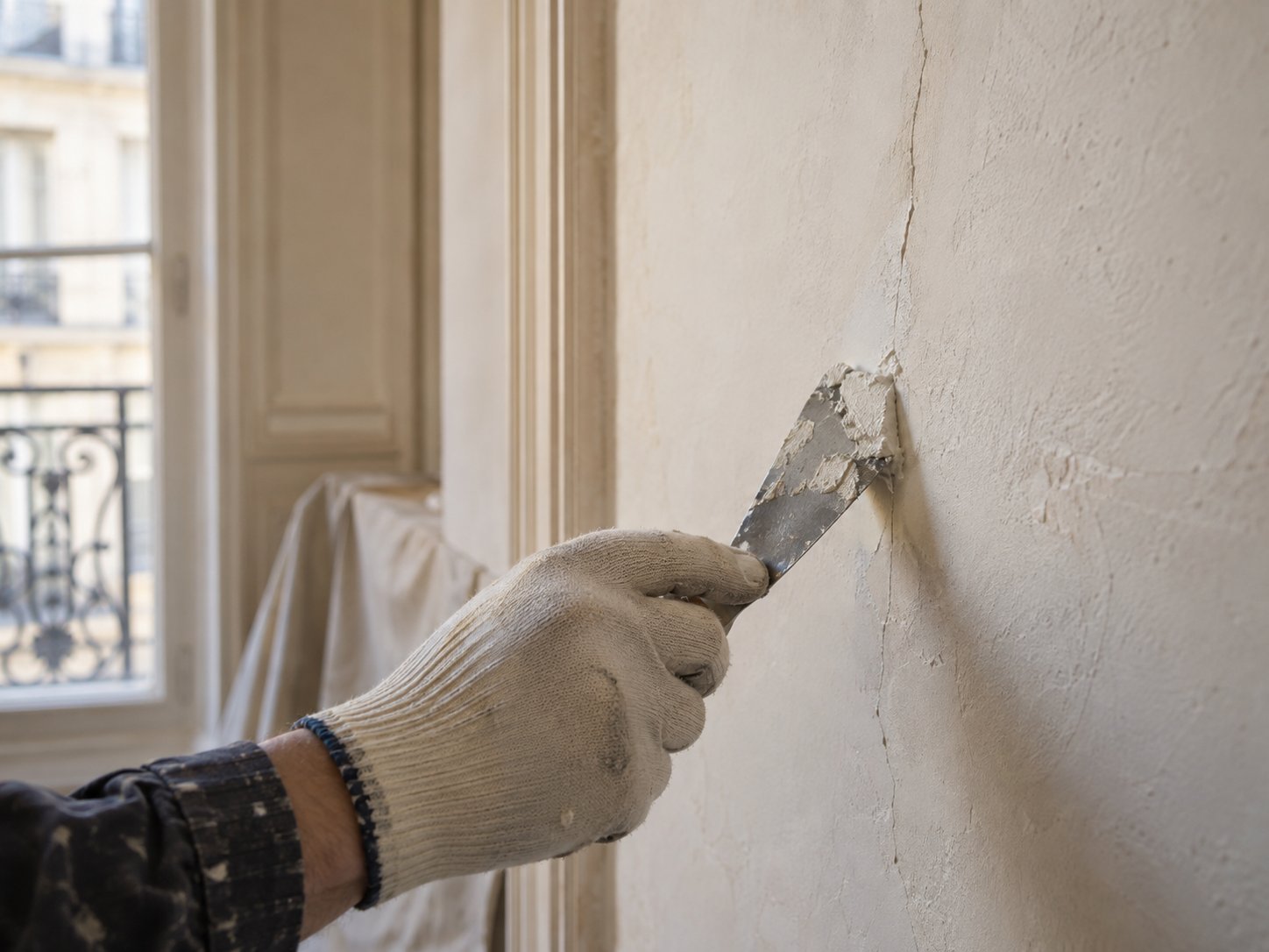 Main gantée appliquant de l'enduit au couteau sur une fissure du mur