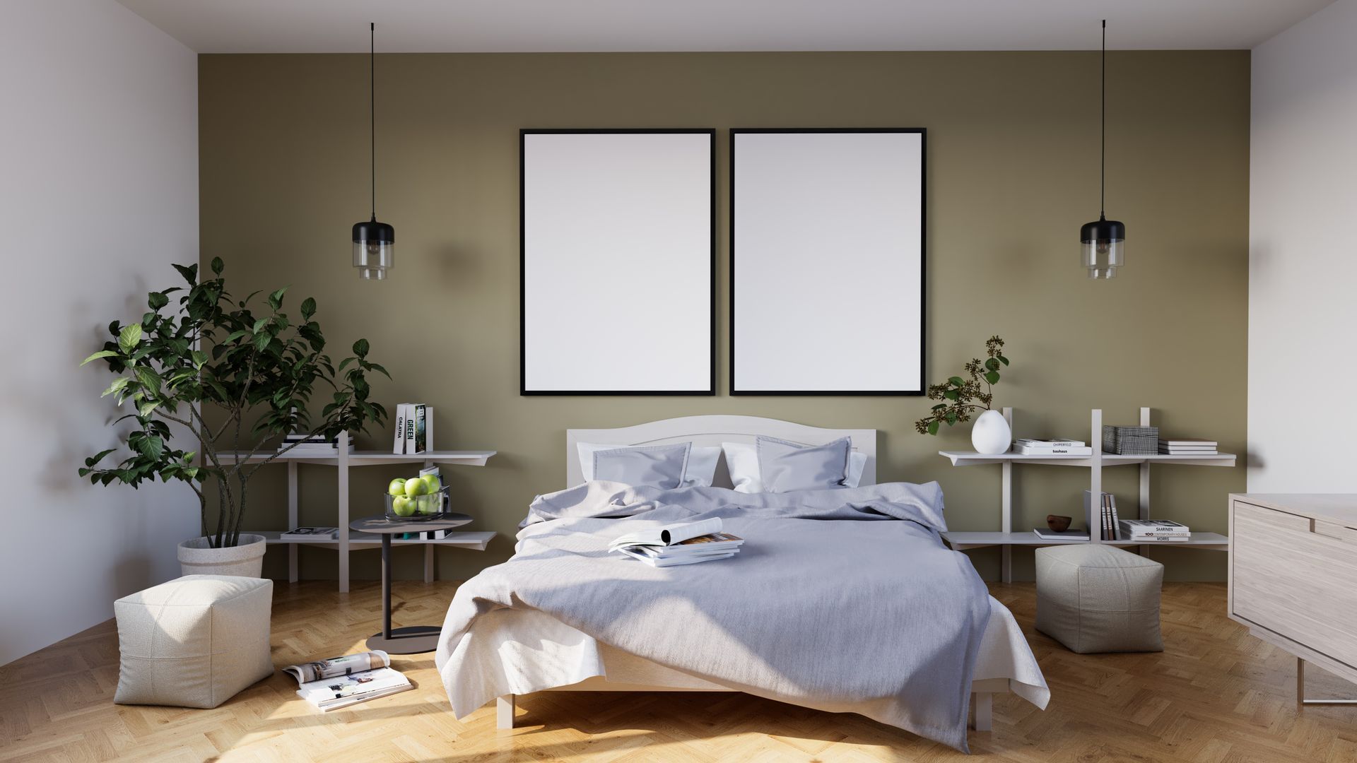 Chambre minimaliste avec mur taupe, deux cadres et linge de lit clair